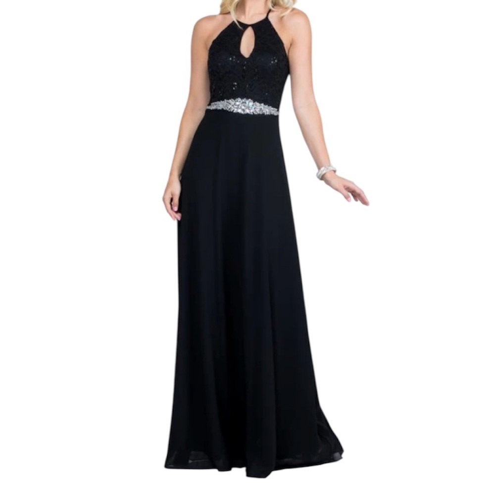 LA SCALA Black Halter Rhinestone Neck Full-Length A-Line Gown Dress Large